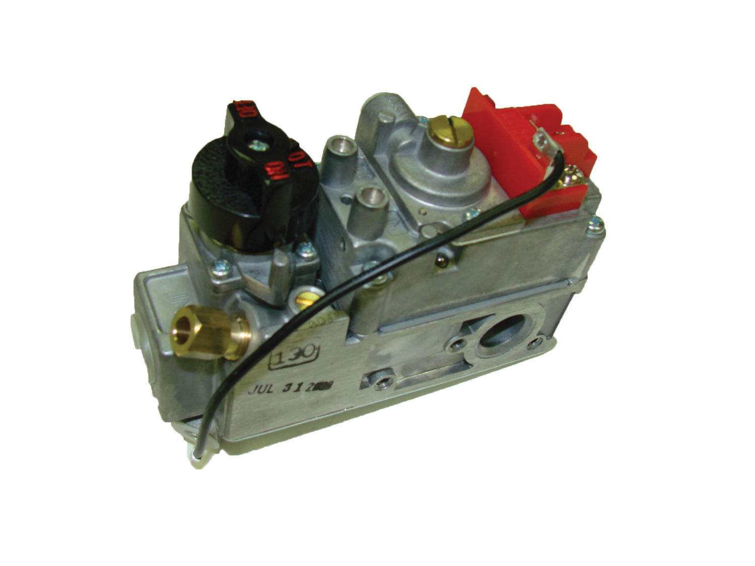 Millivolt gas valve assembly with metal housing, brass fittings, and red/black wires