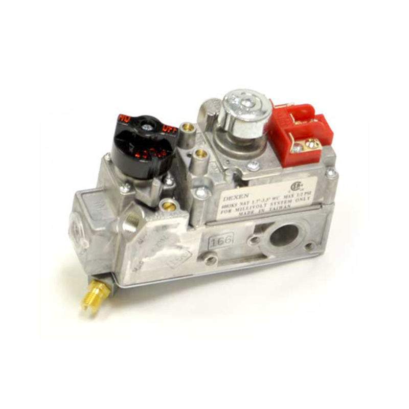 Millivolt gas valve with metal body, red switch cover, and black control knob