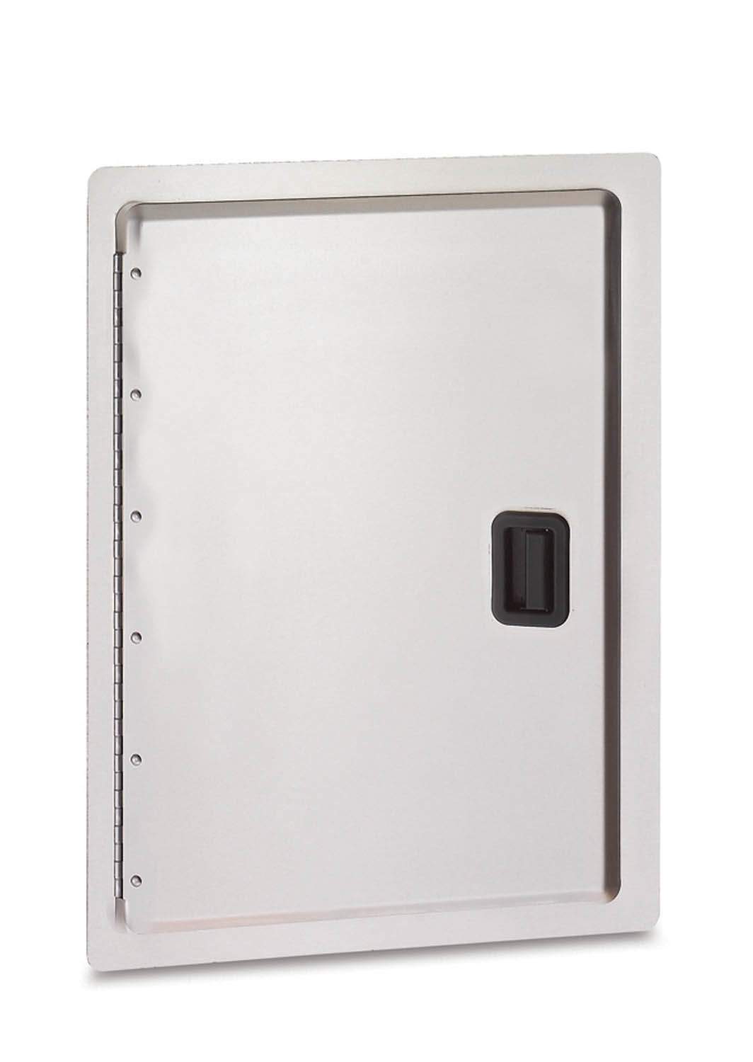 Single access grill door with dark latch and white metal frame