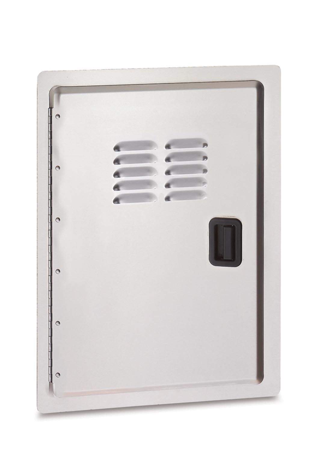 Louvered single access door with vented grilles and dark latch, metal.
