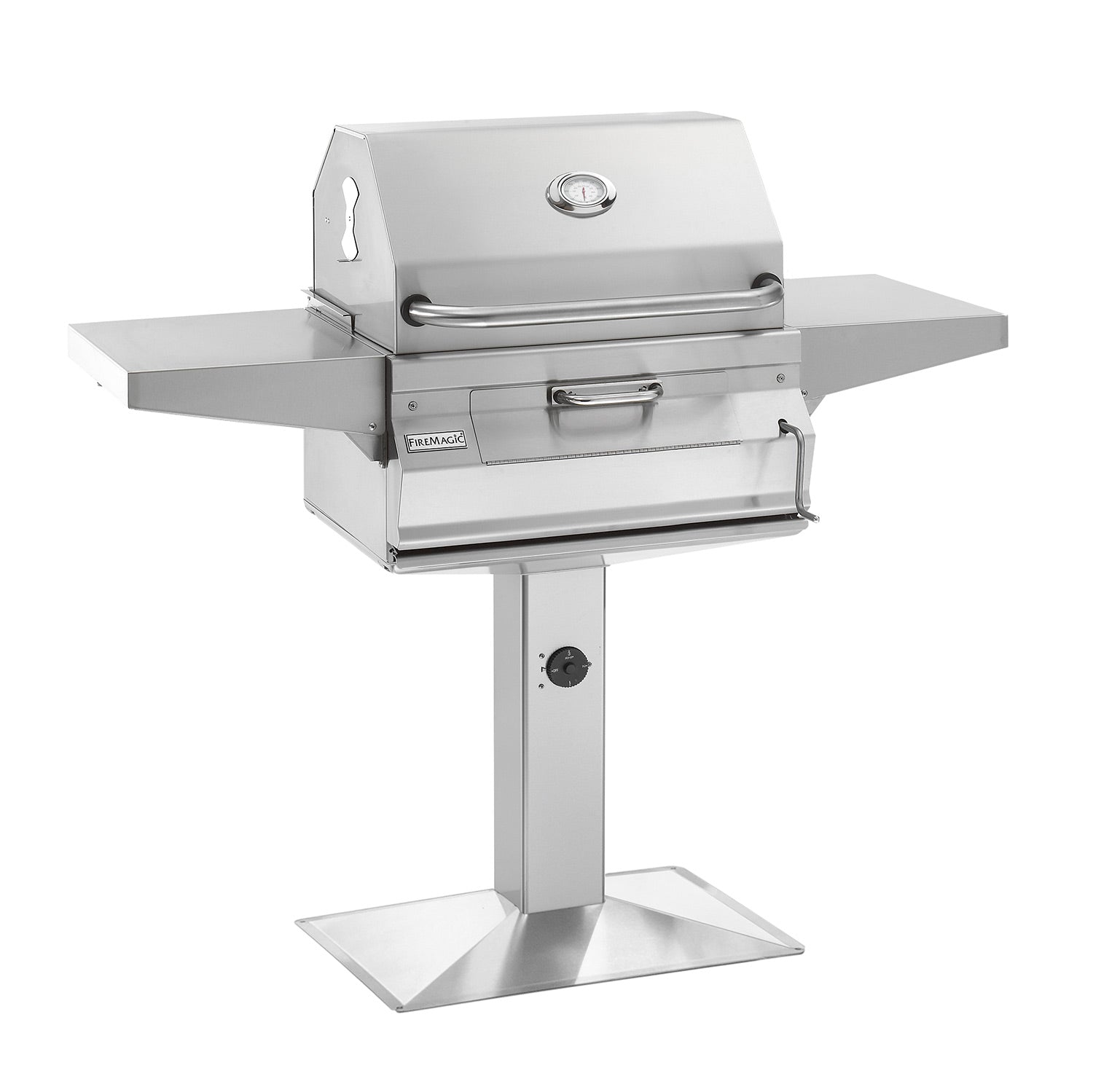 Charcoal grill with lid, side shelves, and control knob on metal post stand