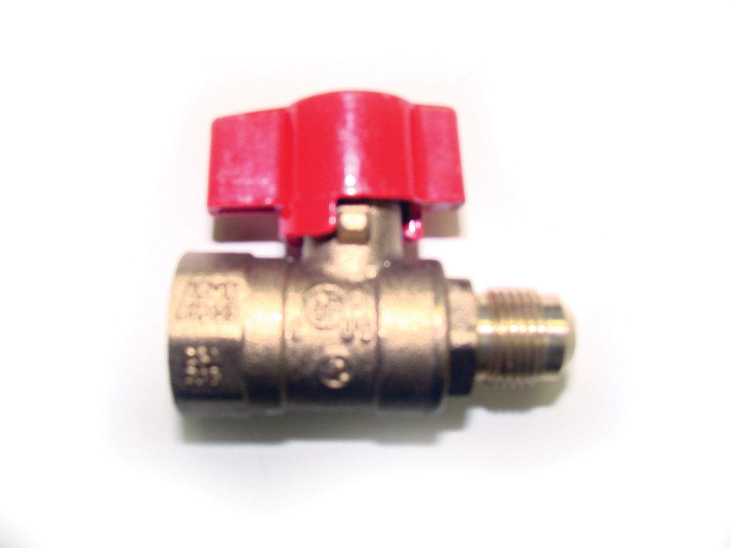 Manual ball valve with red lever handle and threaded inlet outlet