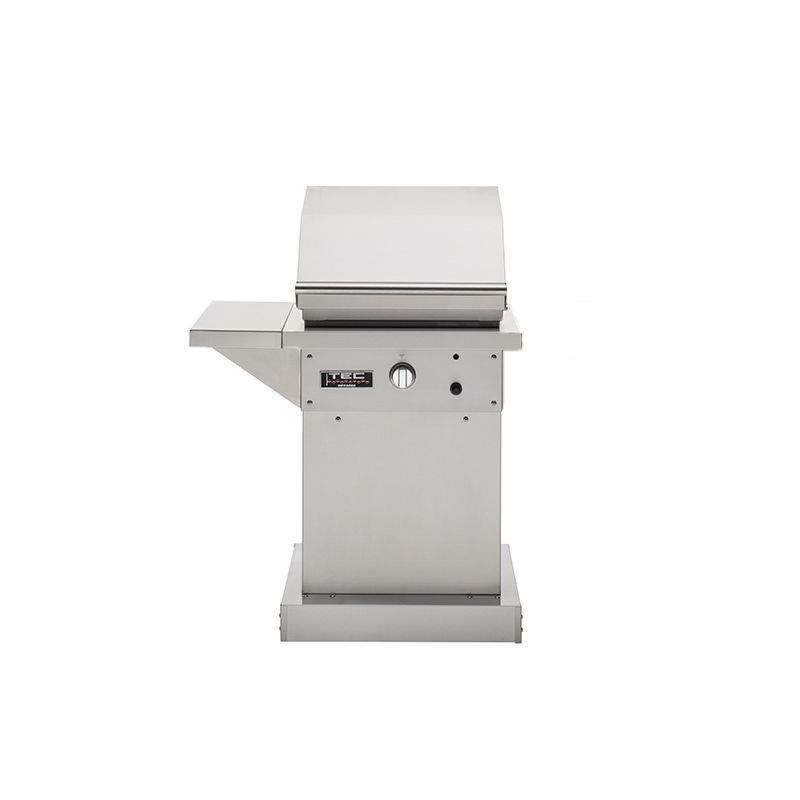 Infrared gas grill on pedestal, angled view with closed lid and front controls