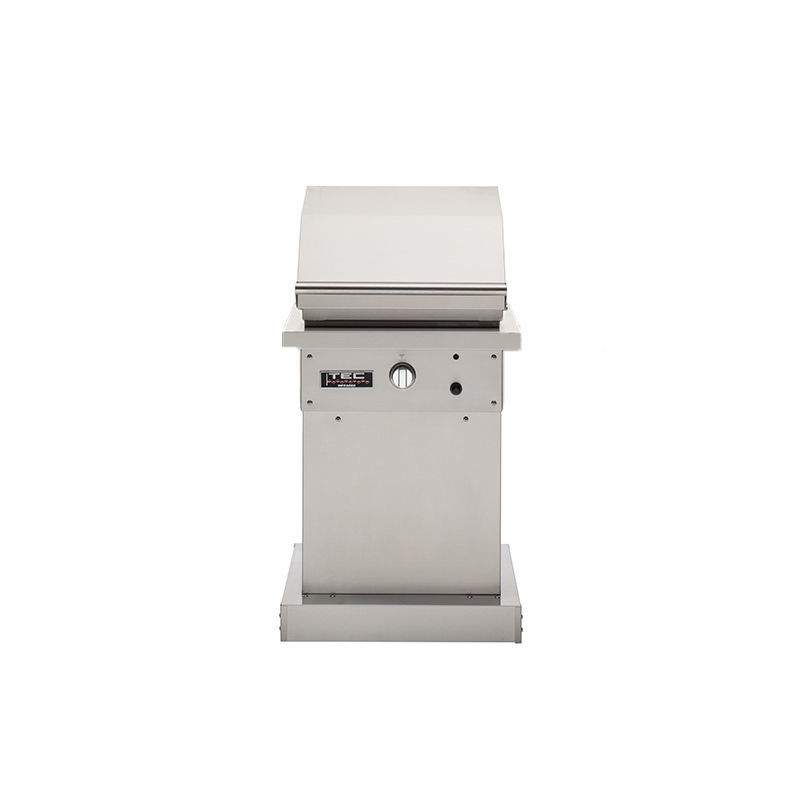 Infrared gas grill on pedestal with side view, lid closed and control knobs