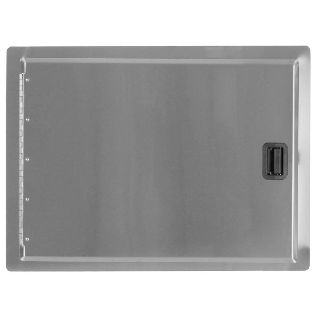 Stainless steel access door with black rectangular latch handle