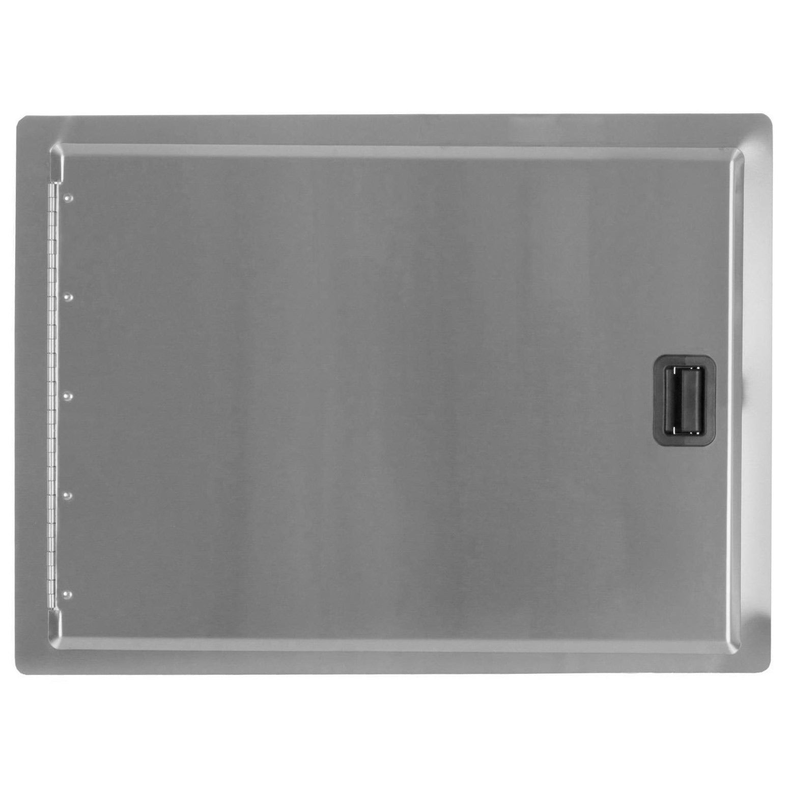 Stainless steel access door with black rectangular latch handle
