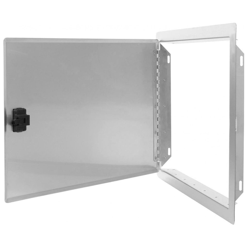 Stainless steel access door open, showing hinge and interior panel
