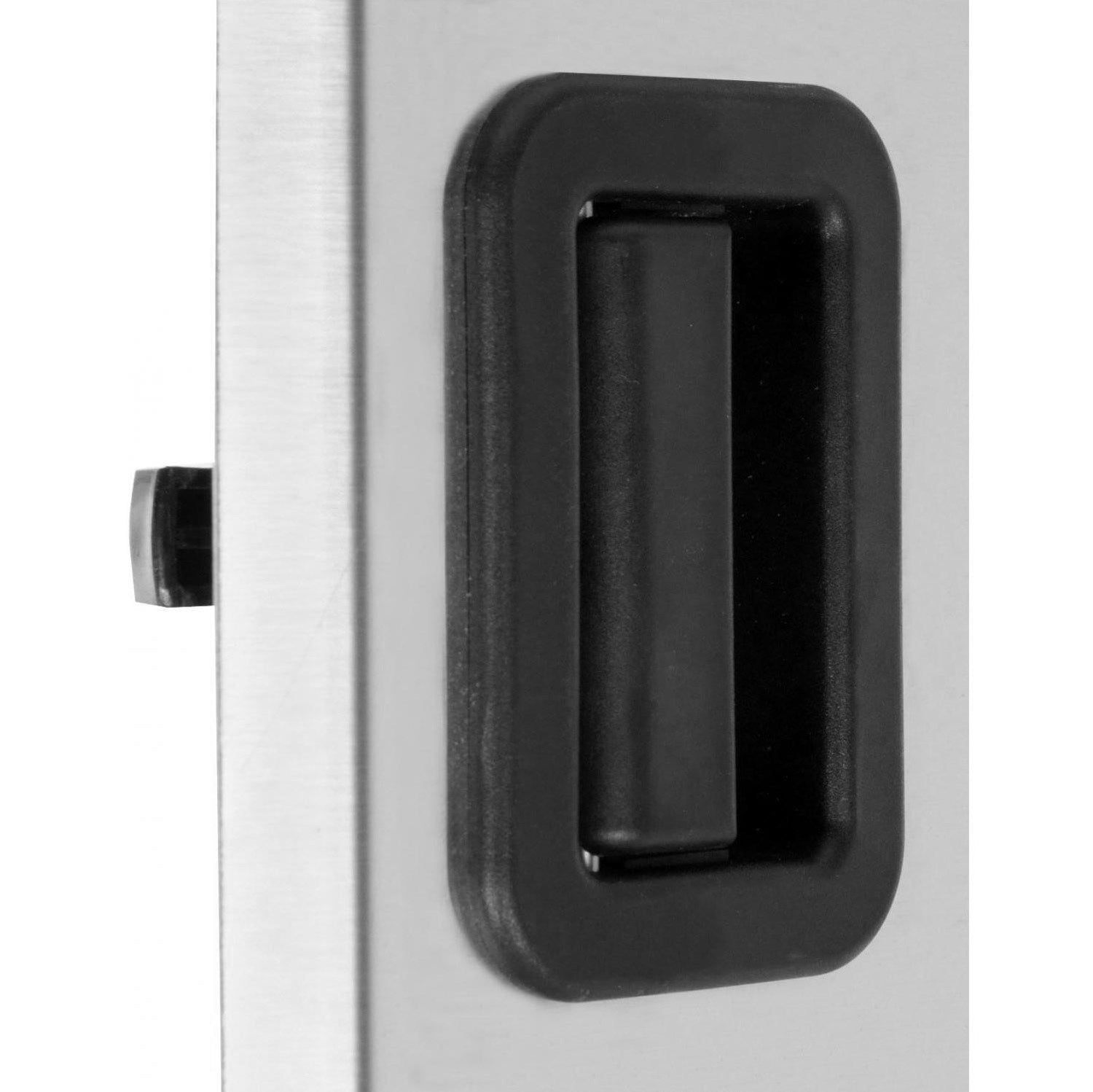 Close-up of black latch handle on a stainless steel access door