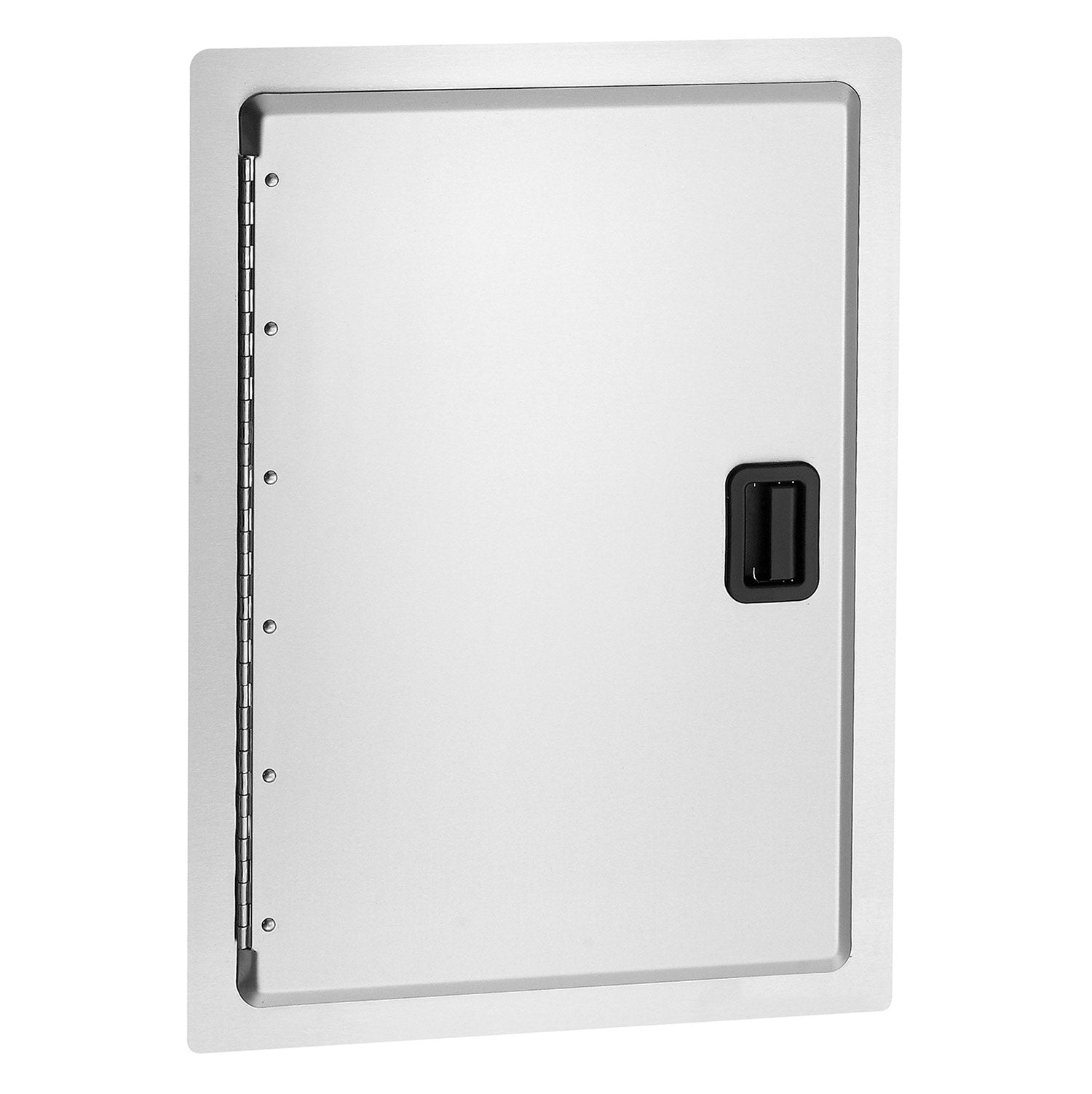 Stainless single access door with black handle and left-side hinges