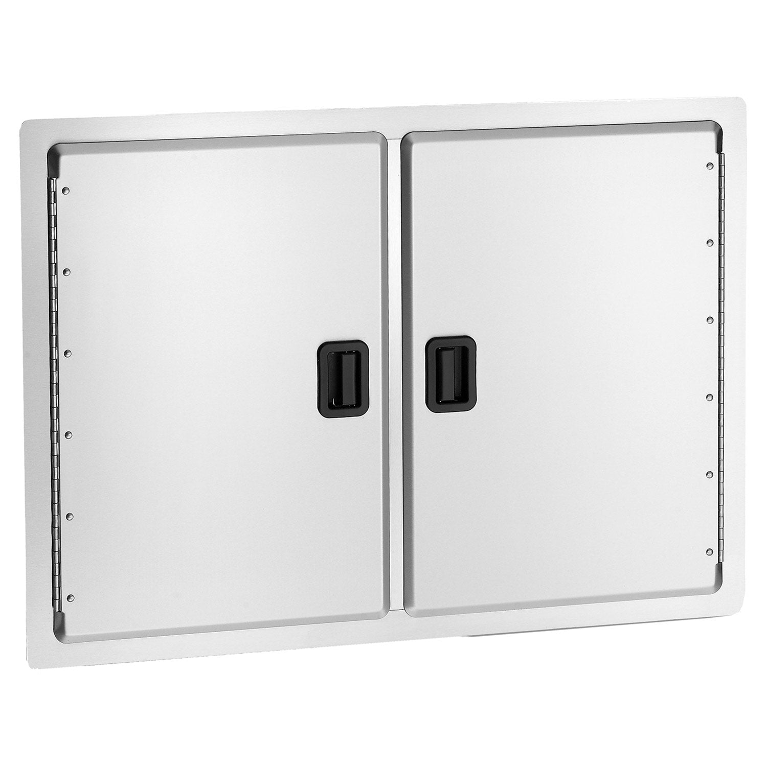 Double access doors, light gray rectangular panels with two recessed black handles