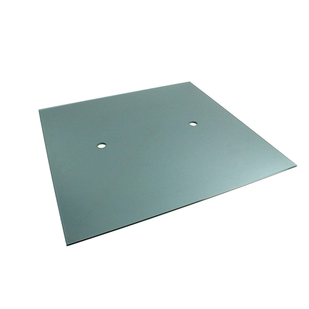 Square gray glass burner cover with two bolt holes, 26x26 inches
