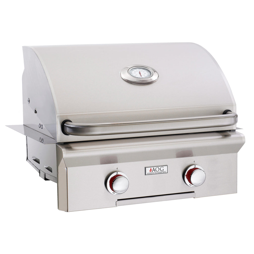 24-inch built-in gas grill with stainless lid, thermometer, and two front control knobs
