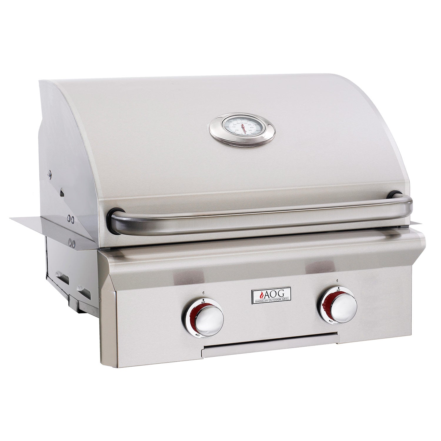 24-inch built-in gas grill with stainless lid, thermometer, and two front control knobs