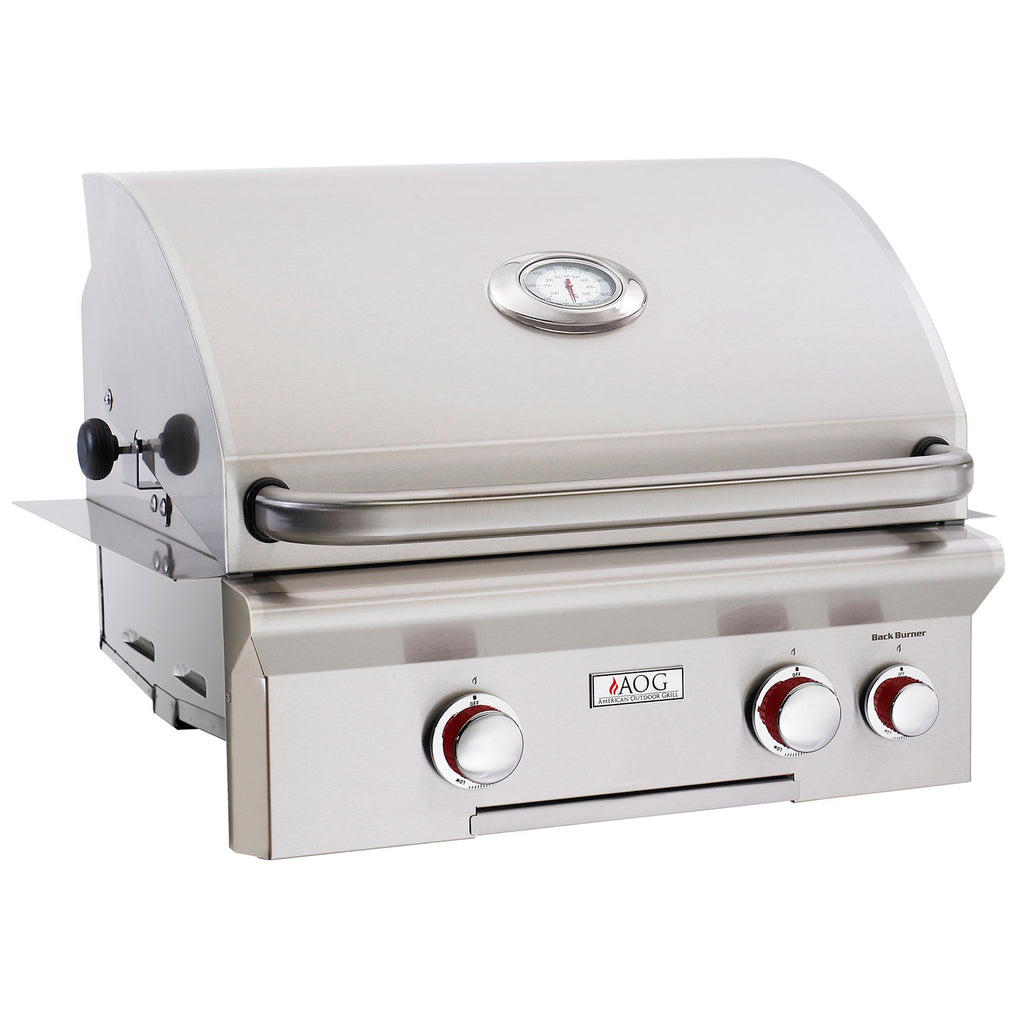 Built-in gas grill, stainless lid and control knobs, AOG logo.
