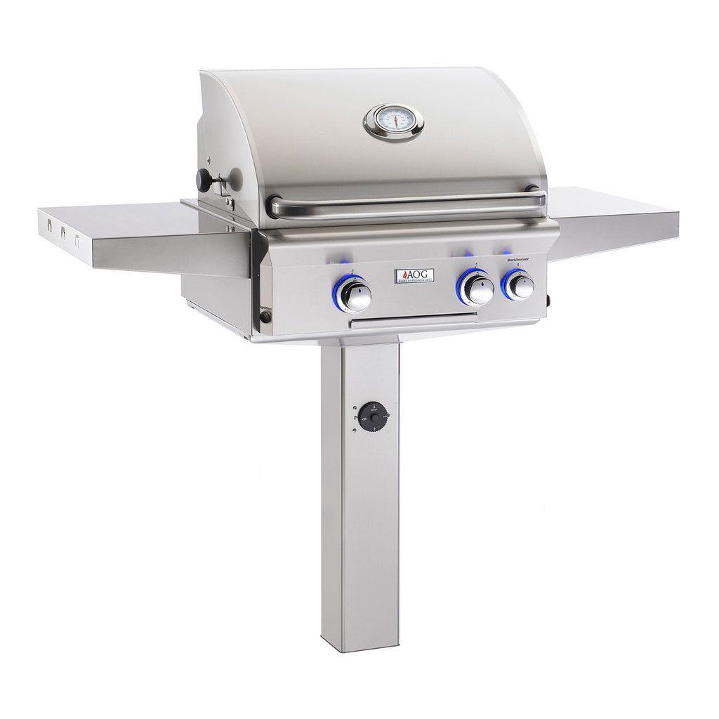 24-inch gas grill with lid and side shelves, stainless steel, front control knobs