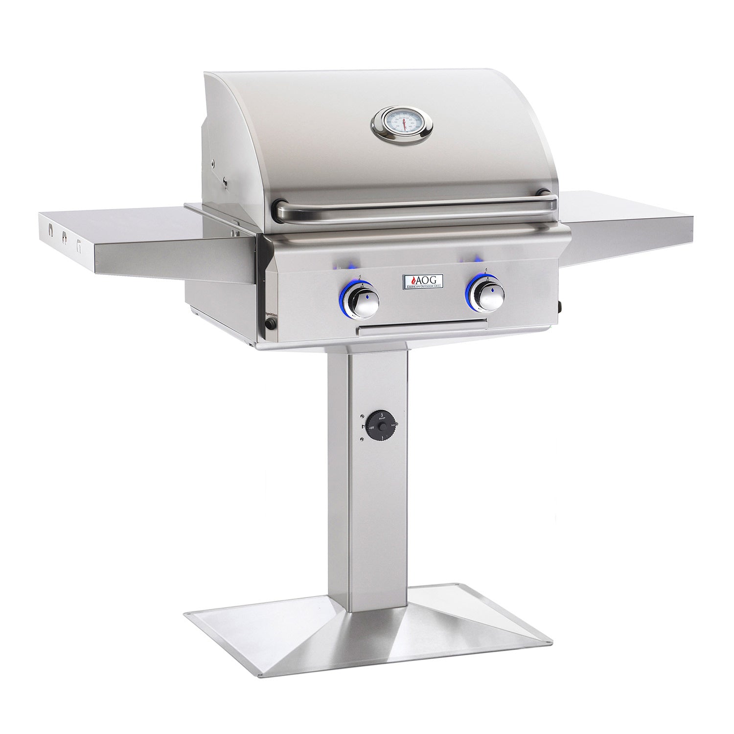 Stainless steel gas grill with lid and two front control knobs on pedestal base