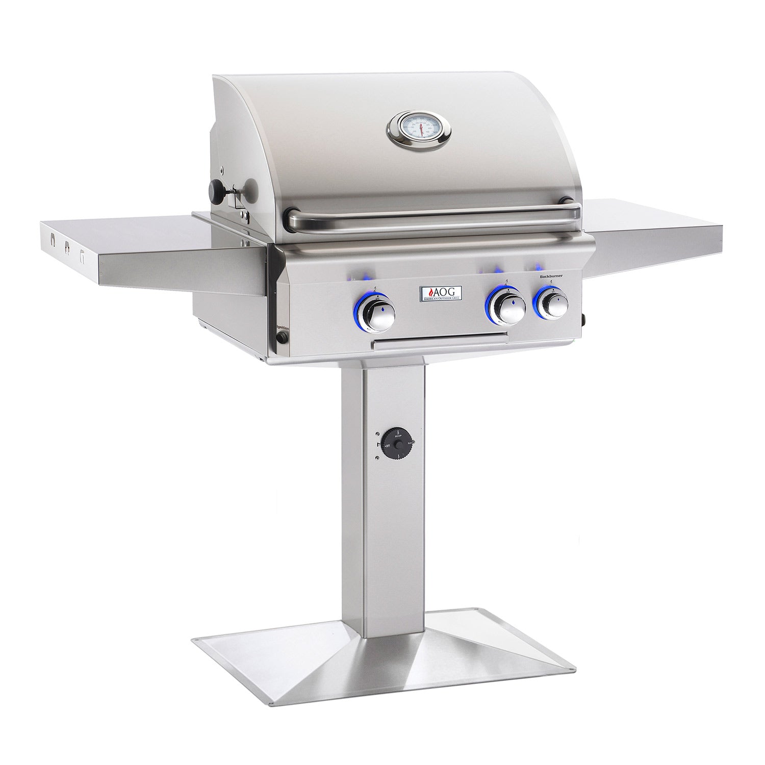 Stainless 24-inch gas grill with lid and front control panel on pedestal stand