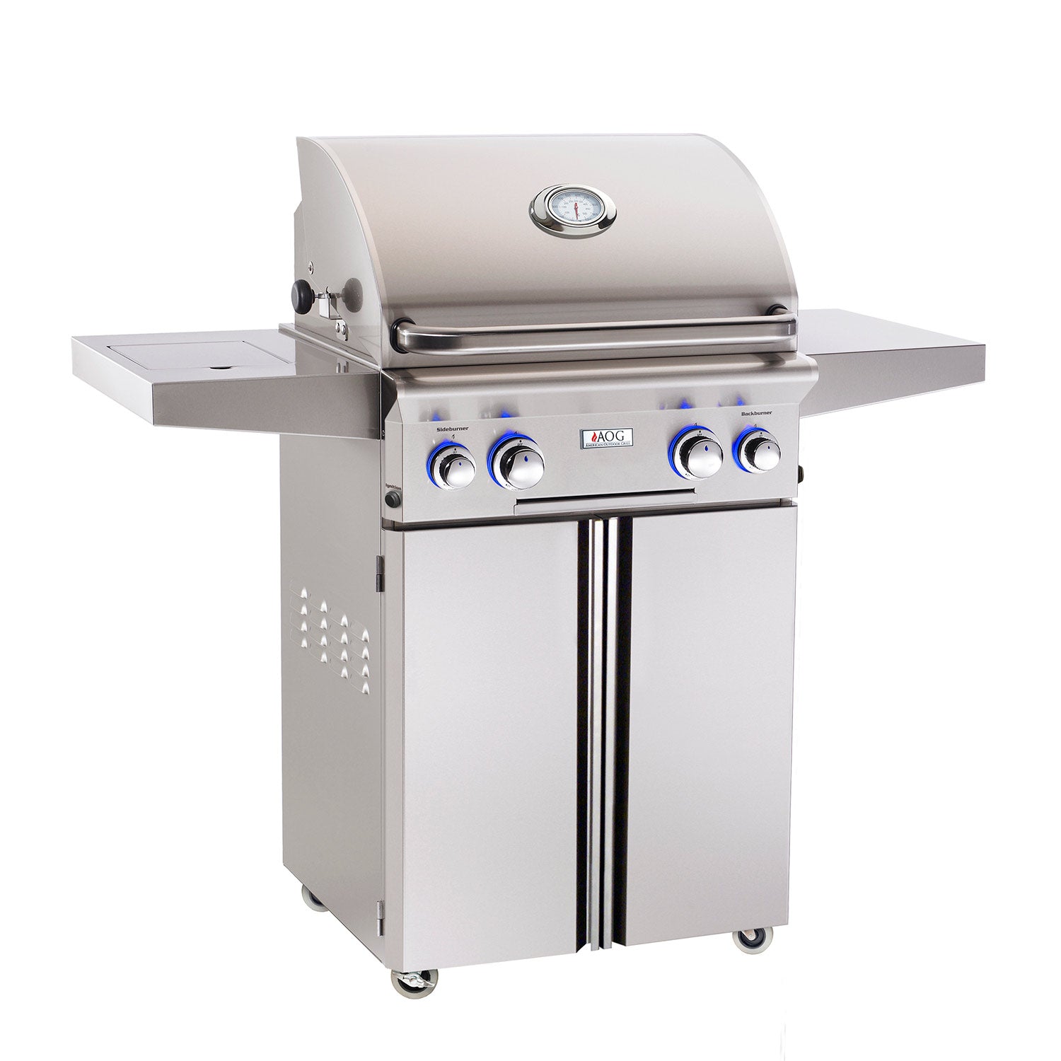 24-inch gas grill on cart, stainless steel cabinet and control panel