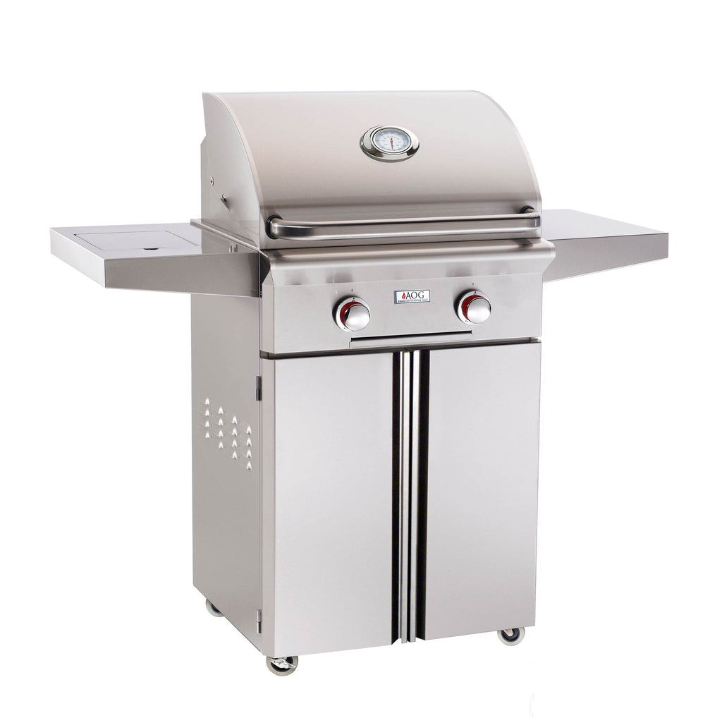 Stainless steel gas grill on cart with two front control knobs and side shelves