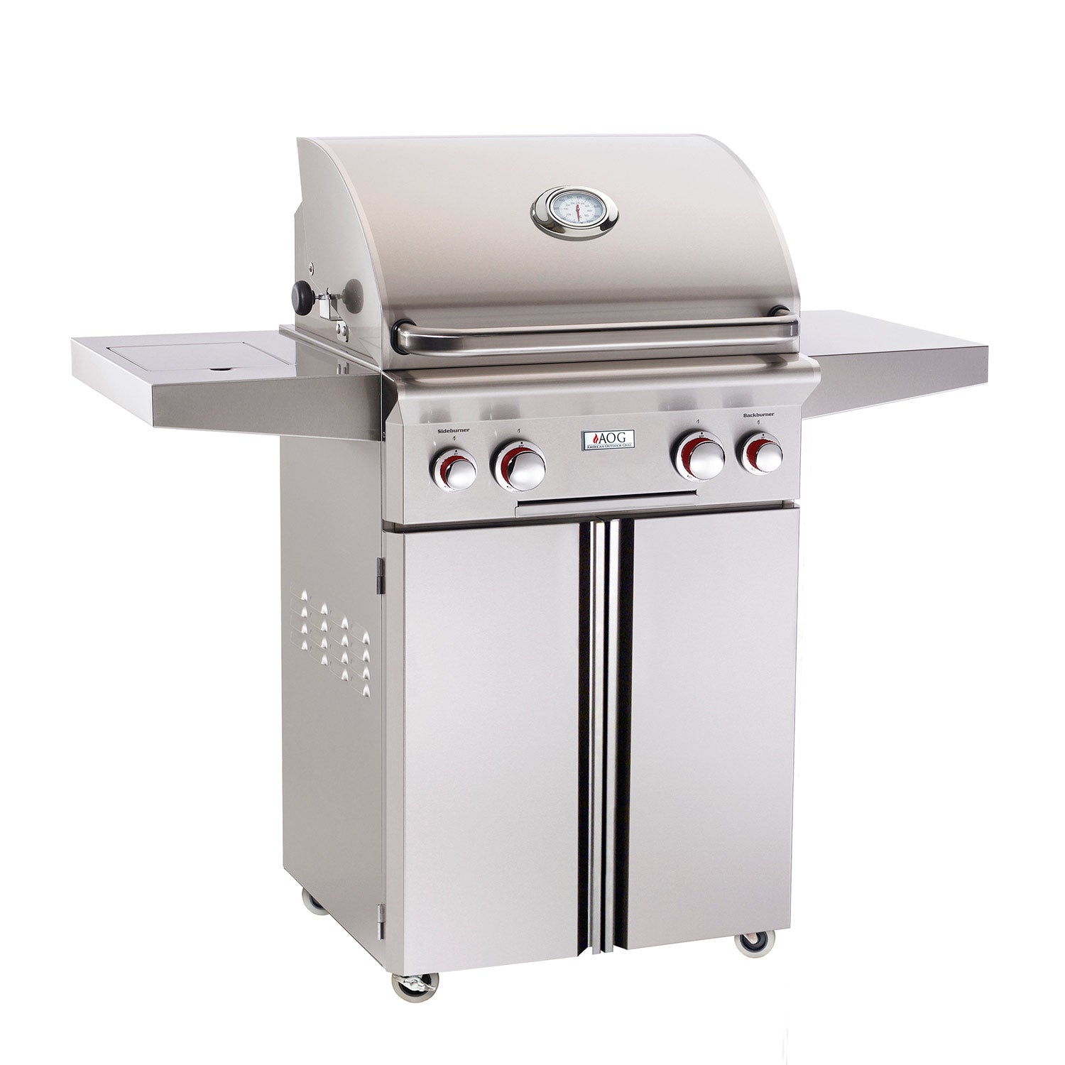 Stainless steel gas grill on cart with side shelves and front control knobs.
