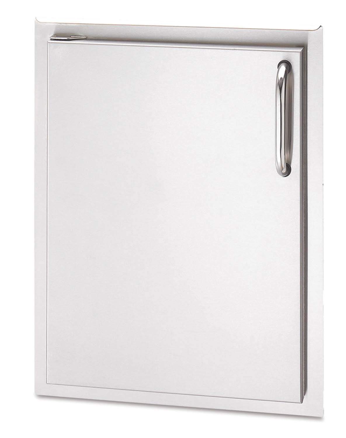 Single storage door for grill, rectangular metal panel with vertical pull handle on right