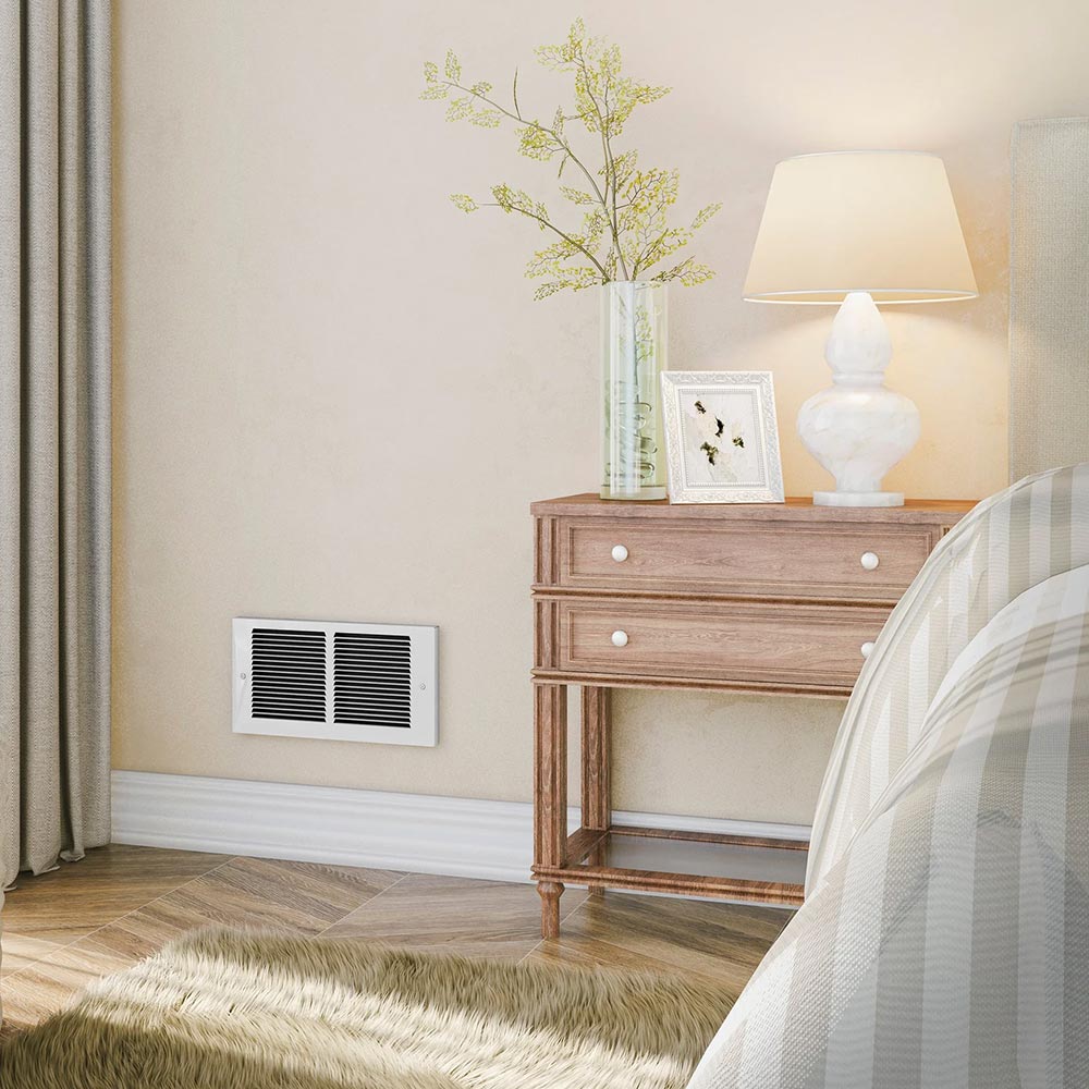 Wall-mounted white air intake grille with two black louvered vent sections