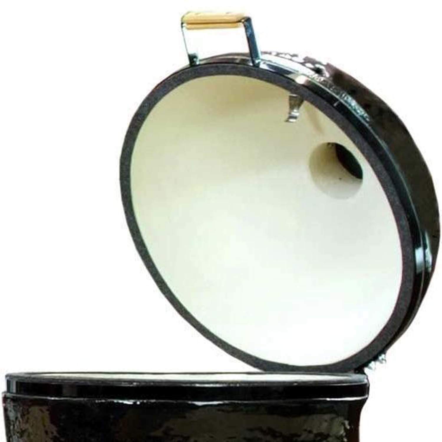 Kamado grill lid with top vent and handle, black ceramic dome.