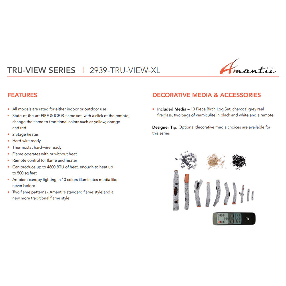 Tru-View electric fireplace features graphic with decorative log set and remote control.
