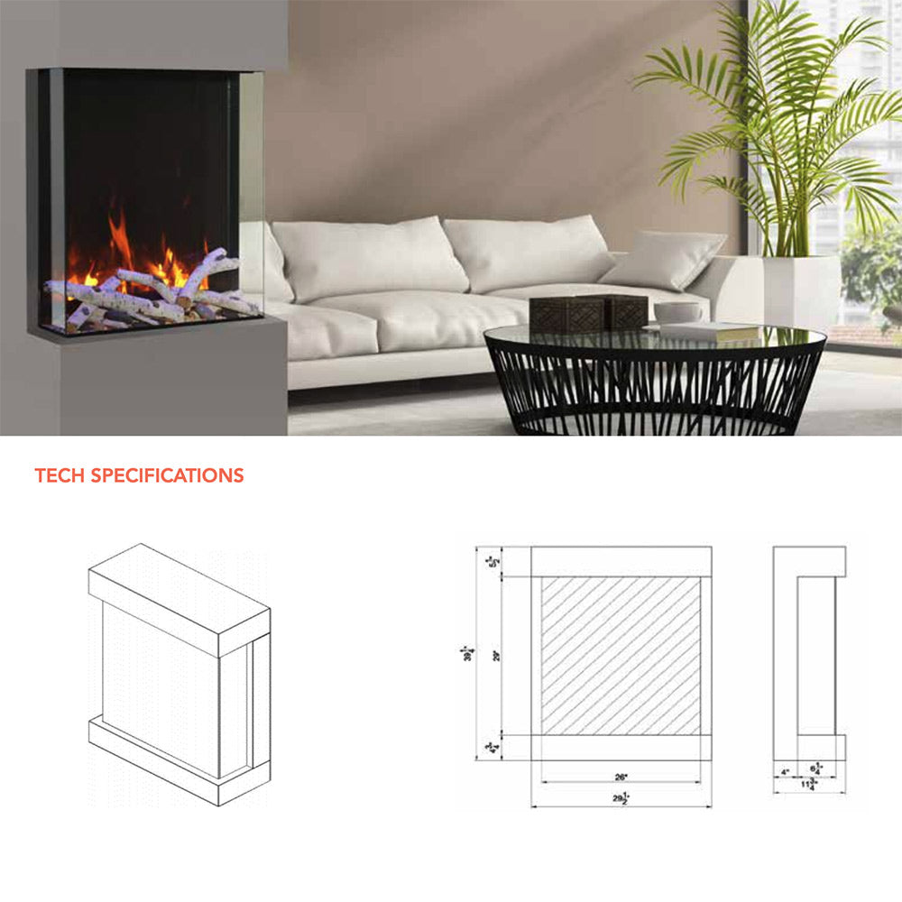 Electric fireplace tech spec diagram with front and side dimension line drawings.