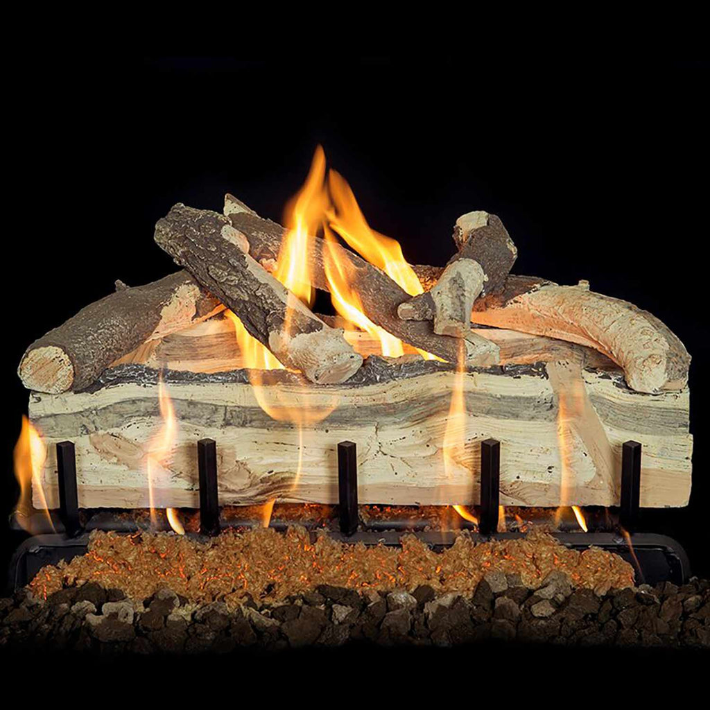 Gas log set with split pine logs, orange flames, and ember bed