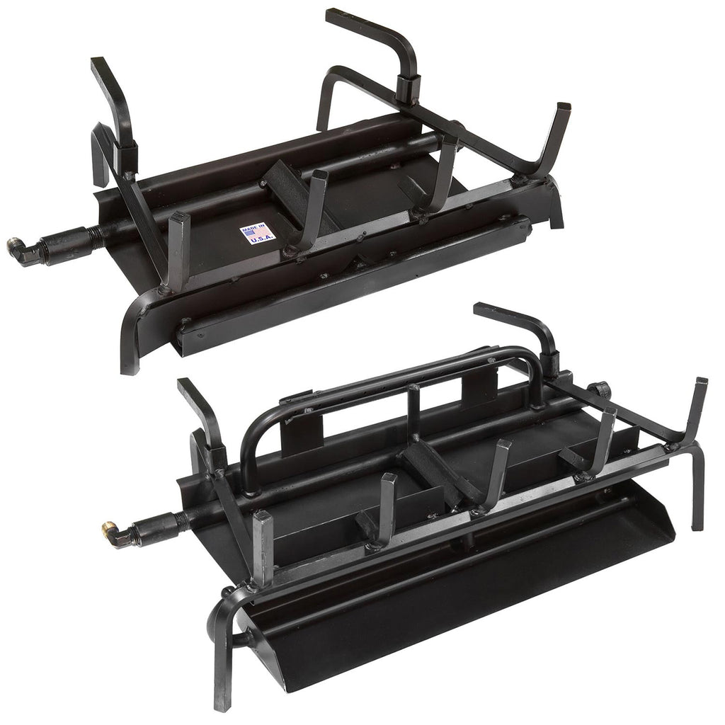 Dual vented gas log burner bases with mounting bracket, black metal