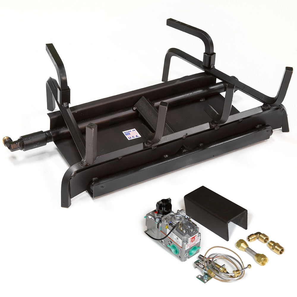 Two-burner stainless steel fireplace gas burner system with black manifold and control components