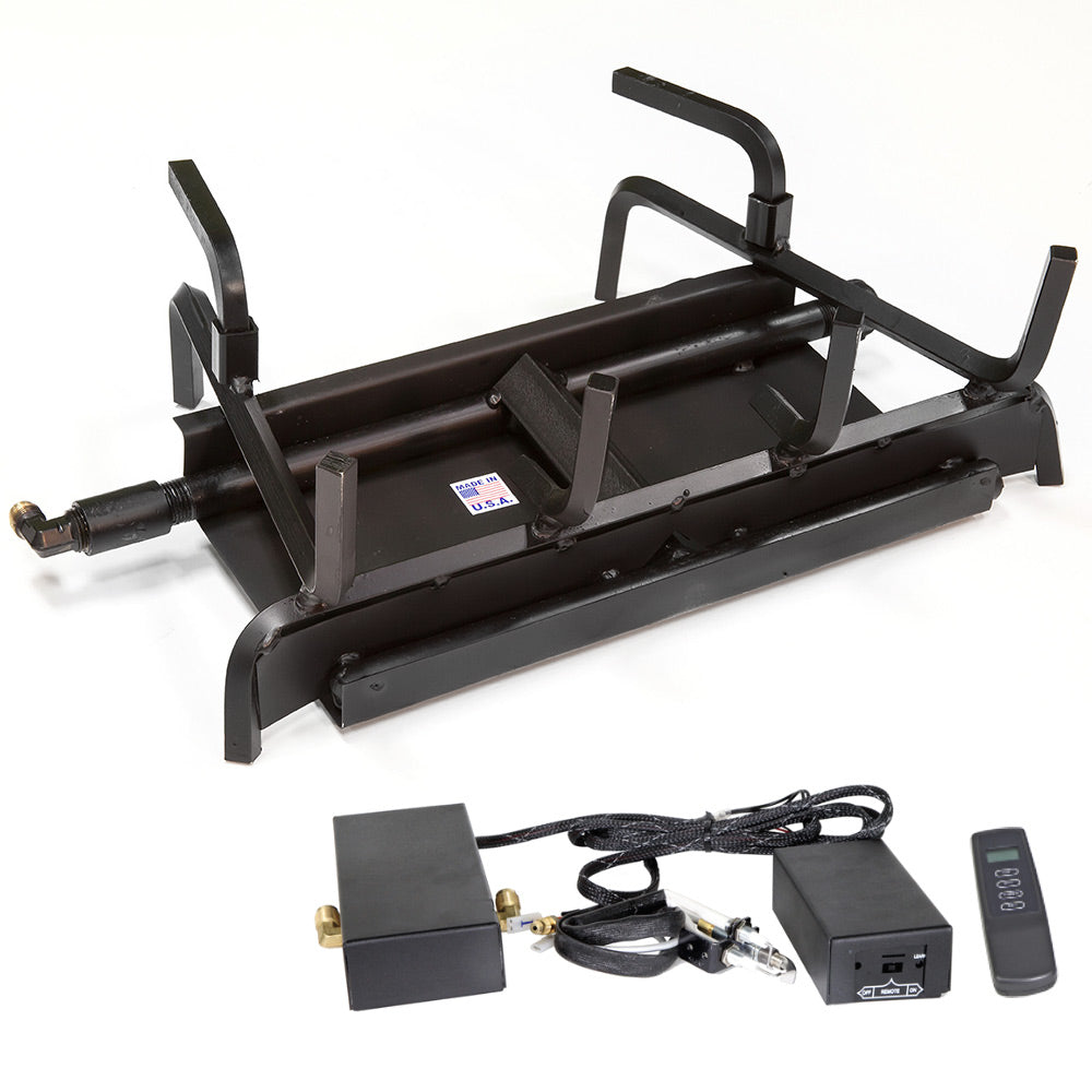 Two-burner gas fireplace system with electronic battery and handheld remote, black