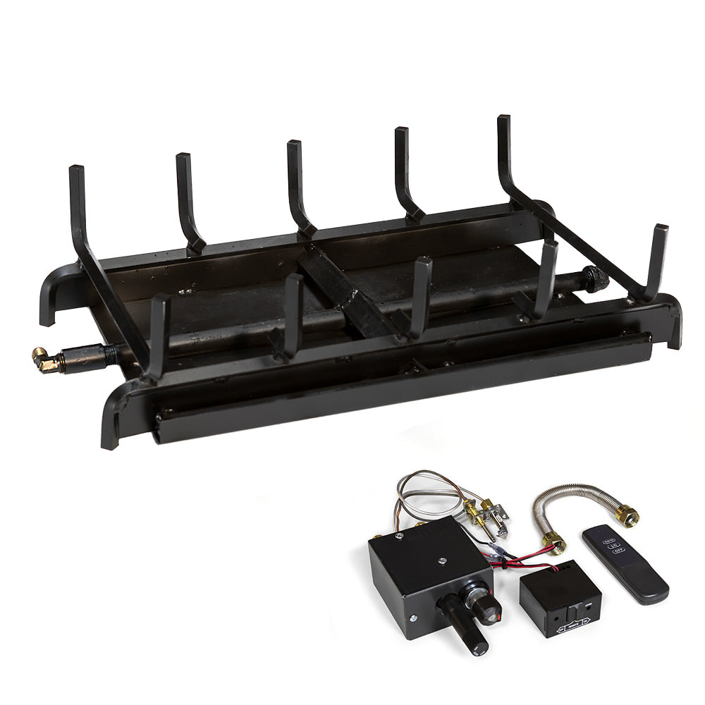 Double-burner system frame with black metal tubes and gas fittings, plus control boxes