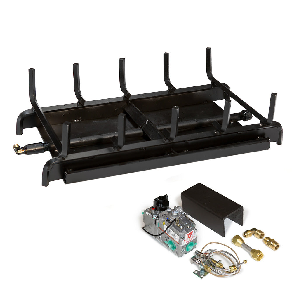 Two-burner gas burner system with black base, burners, and control module