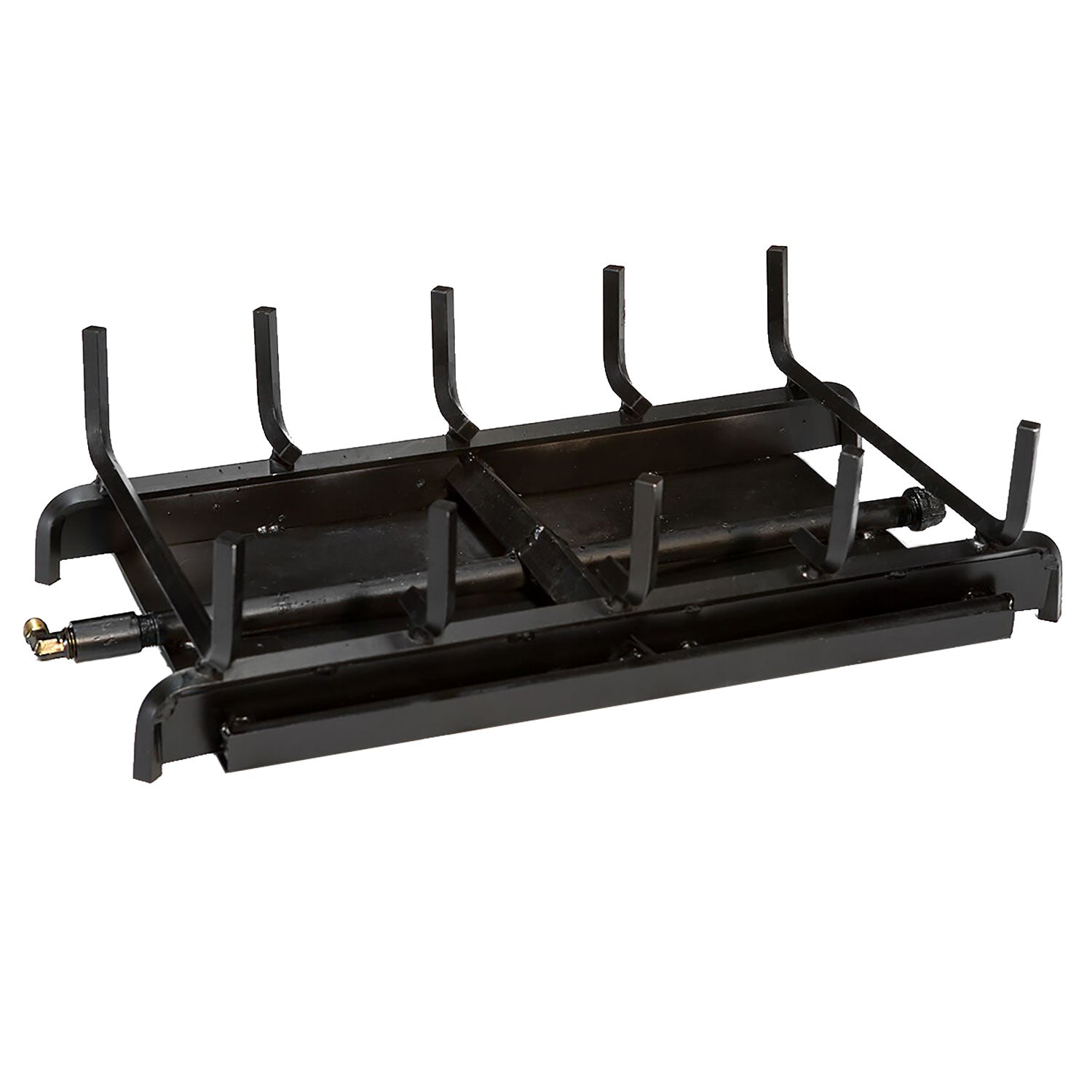 Black double-sided 2-burner grill system with four raised burner arms and gas valve