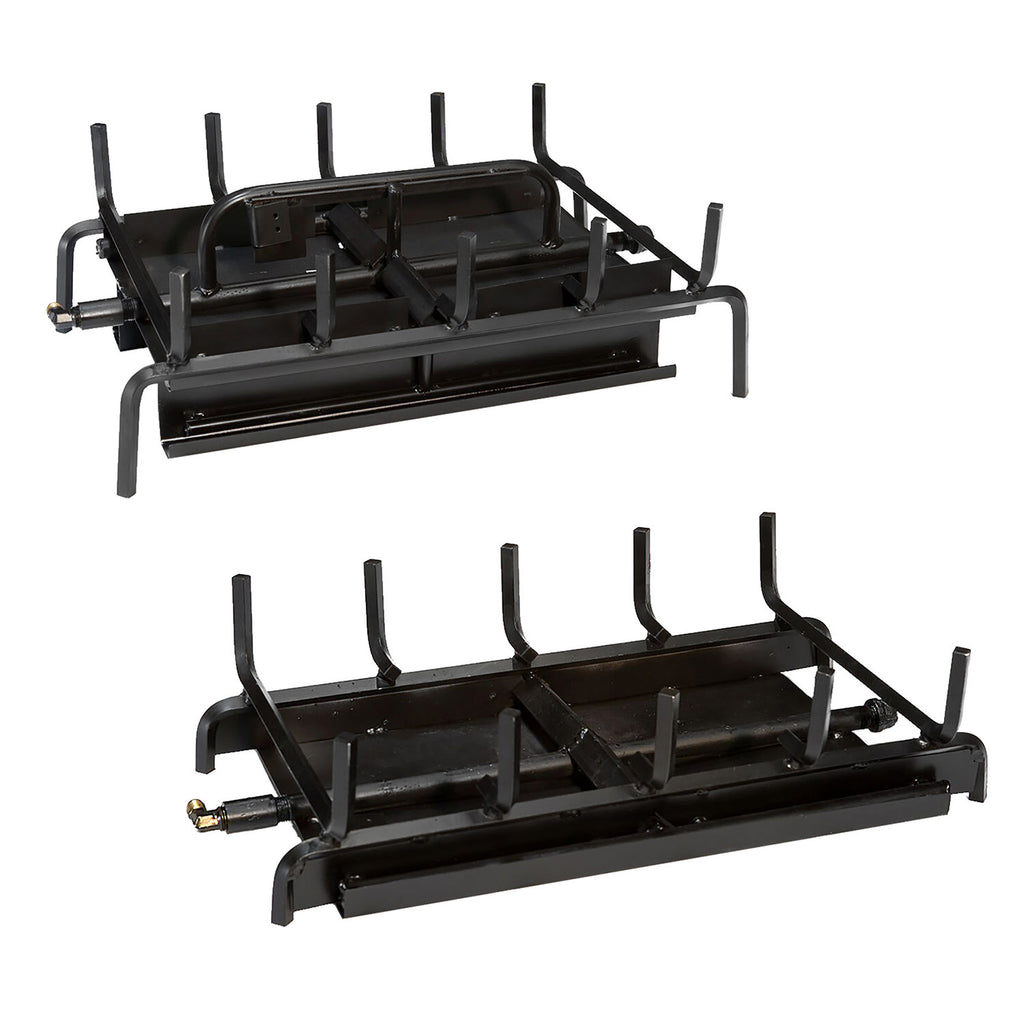 Vented gas log burner assembly with black metal grate supports and mounting stand