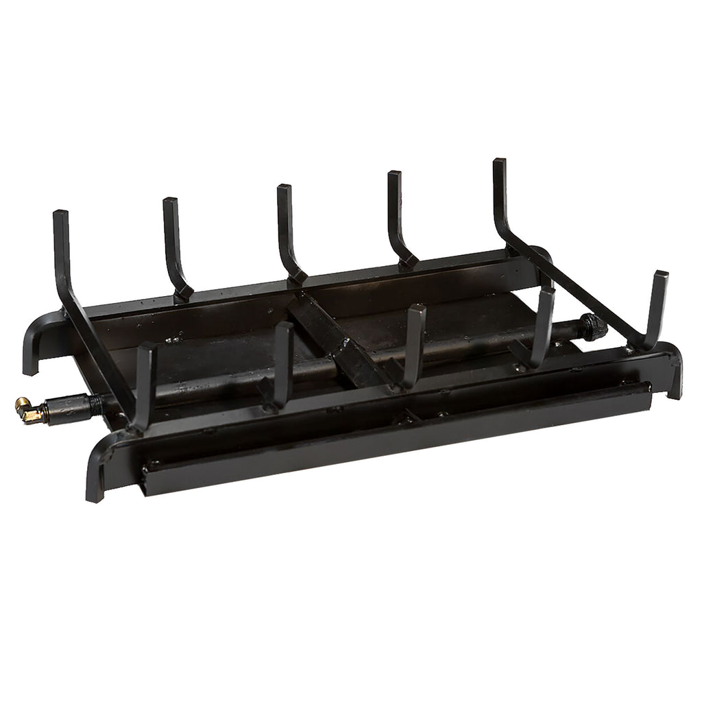 Vented gas log burner frame with black metal base and raised log-support prongs