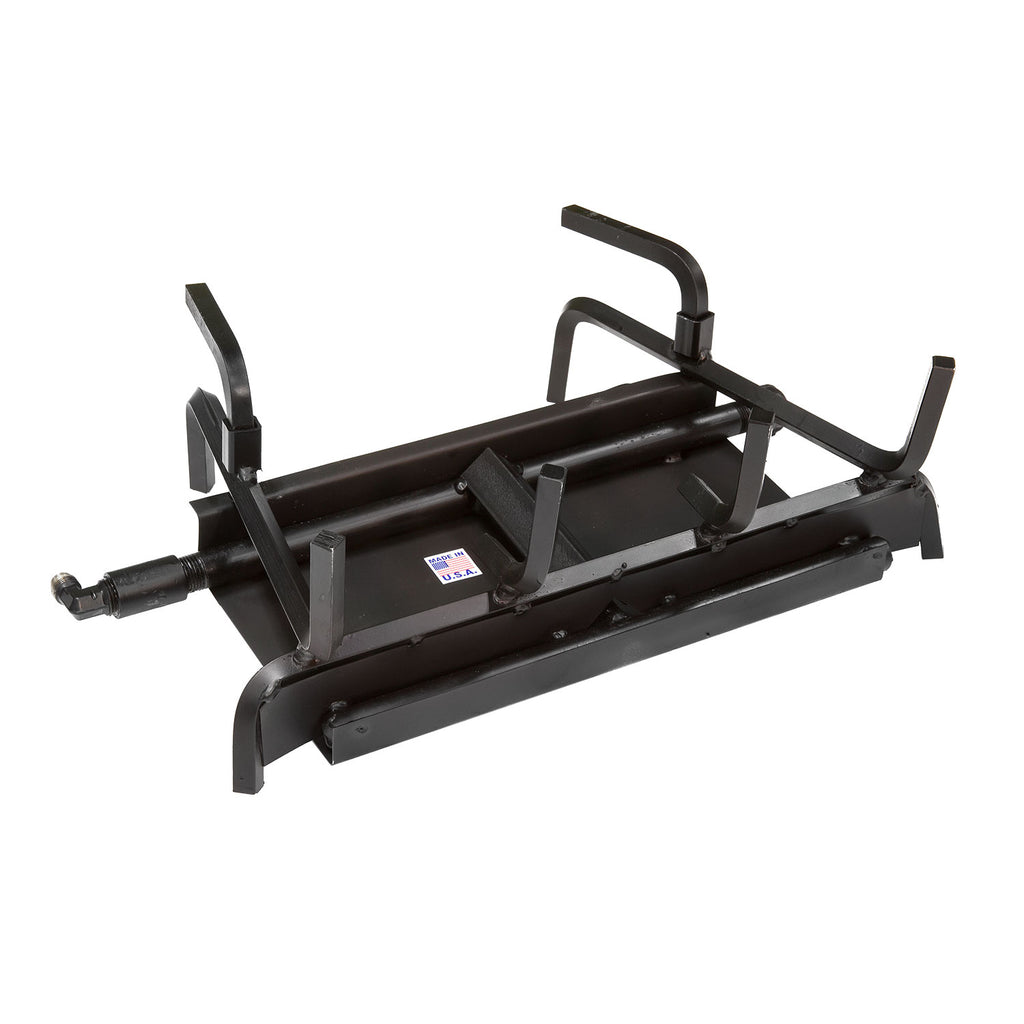 Vented gas log burner grate assembly with metal frame and ignition tube