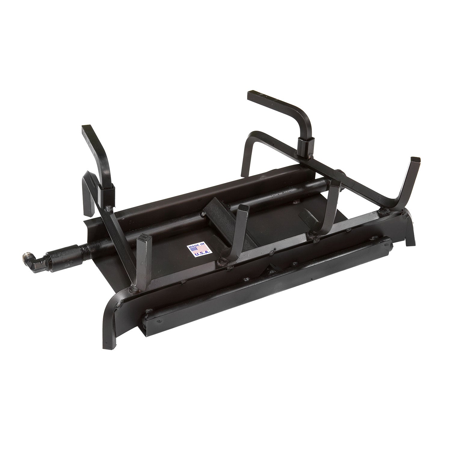 Vented gas log burner grate assembly with metal frame and ignition tube