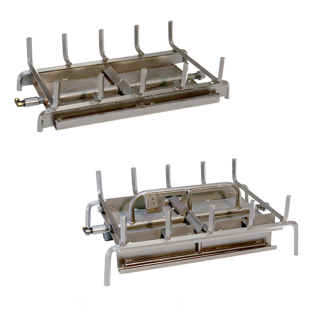 Stainless steel vented gas log burner base with support rods and crossbars
