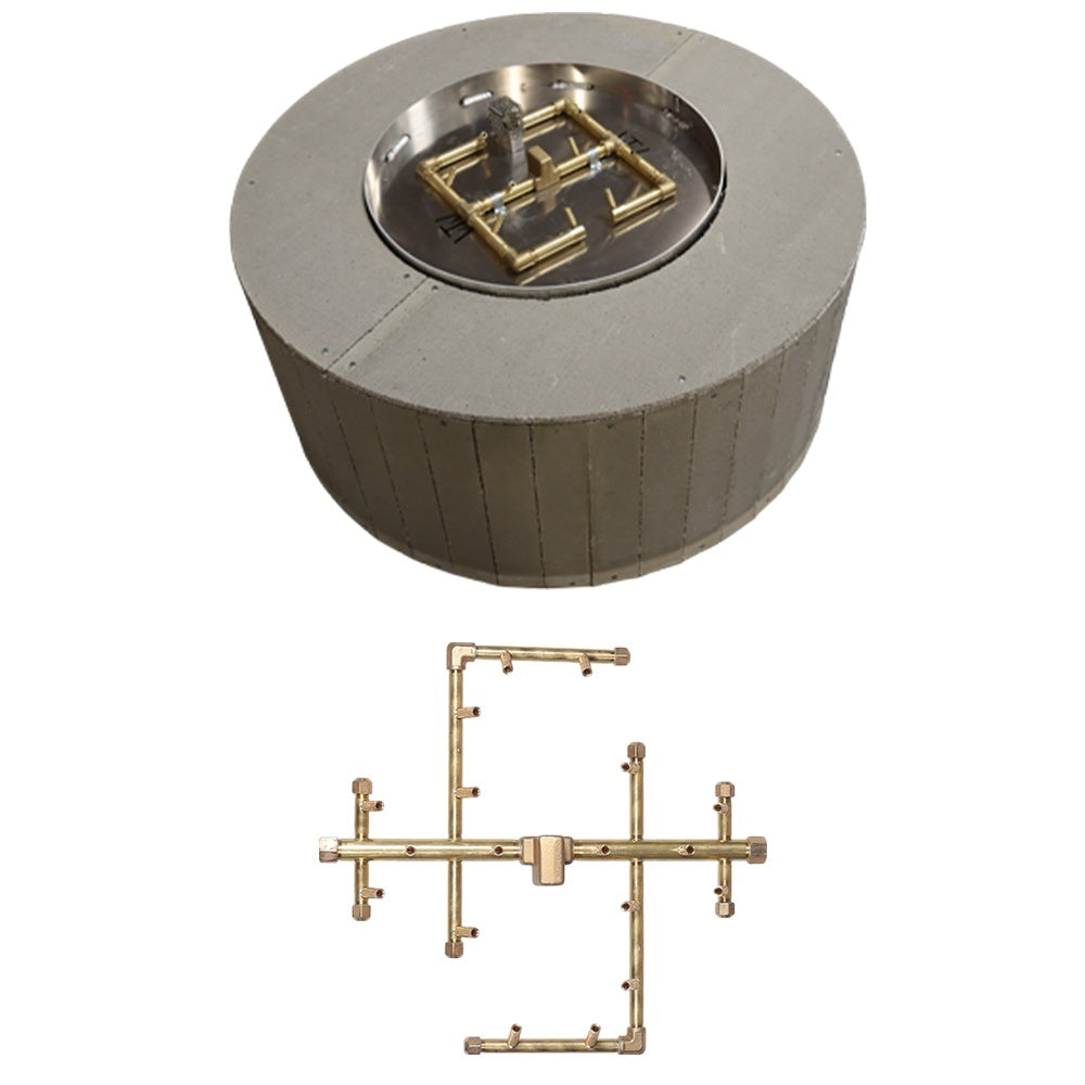 Round fire pit enclosure with central burner opening and brass/gold burner grate