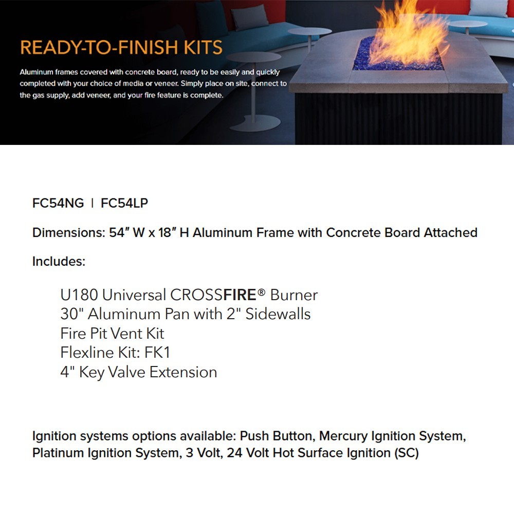 Ready-to-finish fire pit kit graphic showing a flame on a burner pan