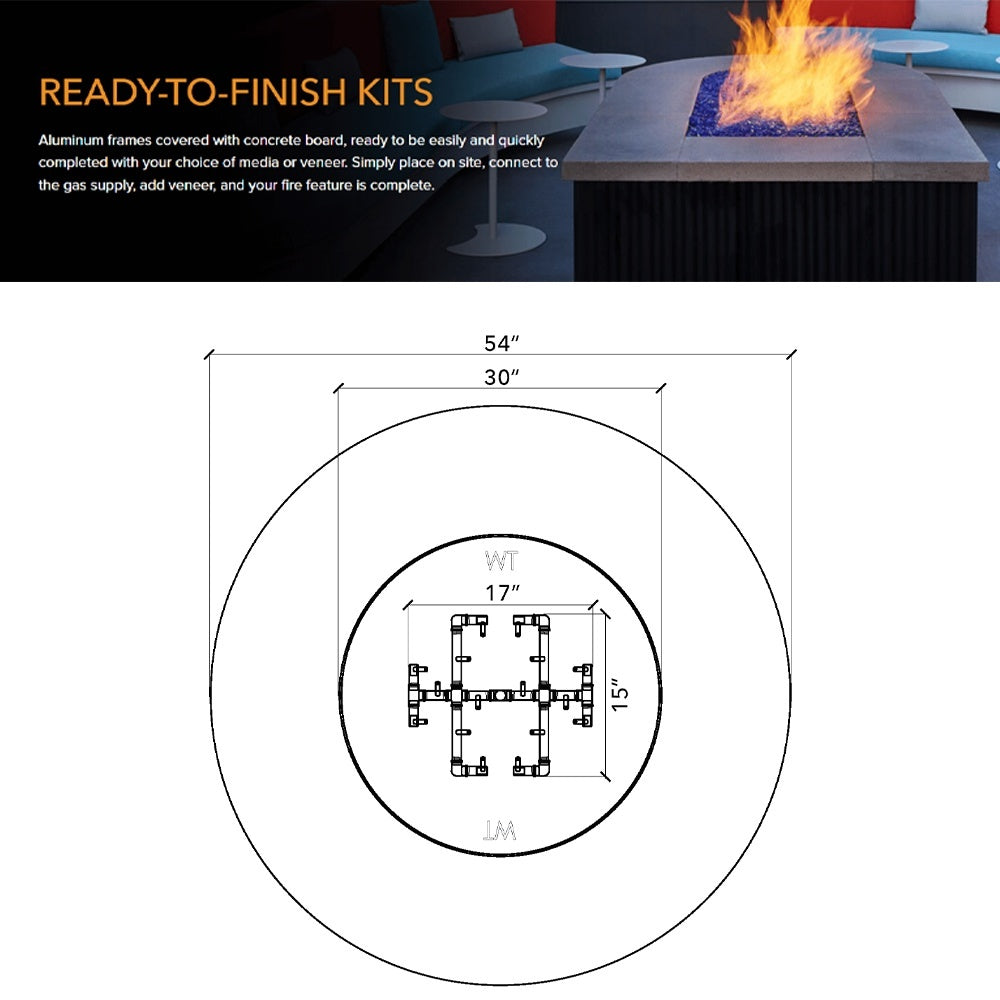 Top-down diagram of round fire pit enclosure dimensions with inner burner outline