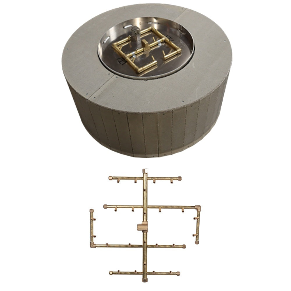Round fire pit enclosure with burner opening and crossfire burner tube kit