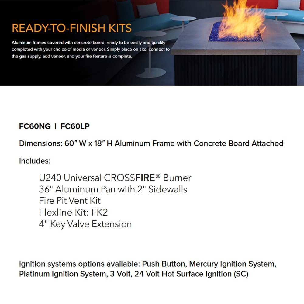 Ready-to-finish circular fire pit enclosure kit page with burner flame and layout panel