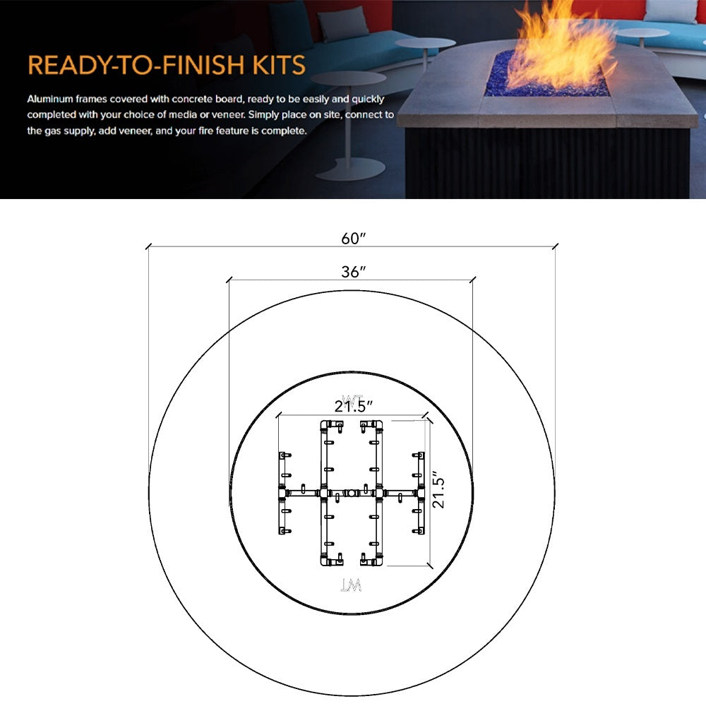 Top view diagram of circular fire pit enclosure with internal burner frame dimensions