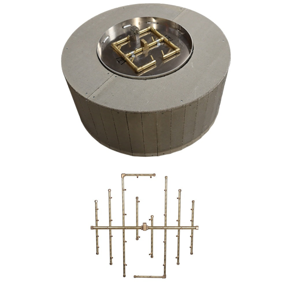 Round concrete fire pit enclosure with brass crossfire burner assembly