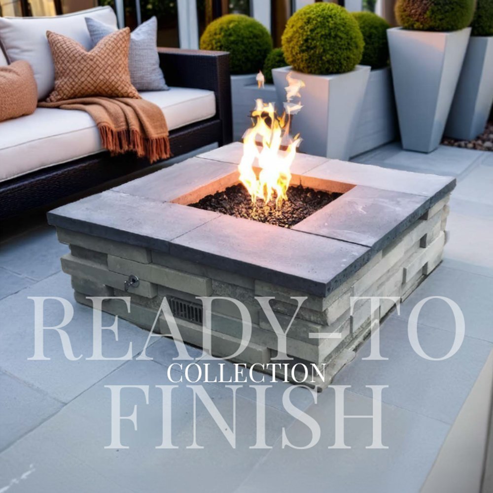 Square ready-to-finish fire pit with open flame and dark firebed