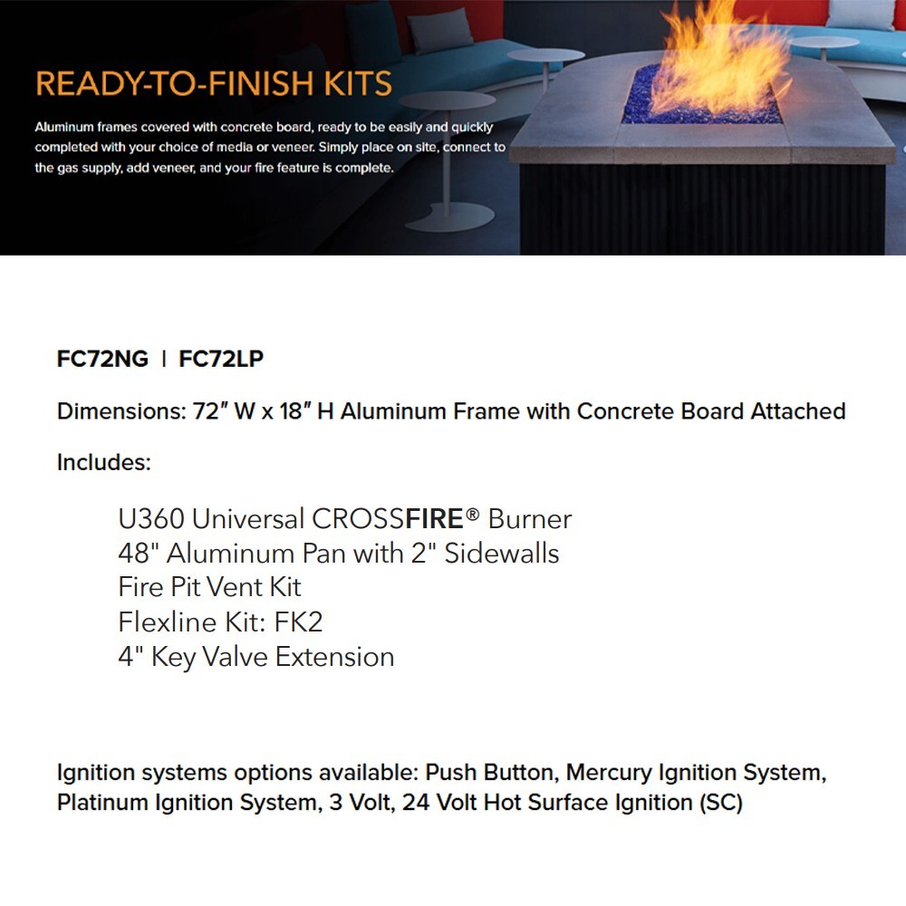 Ready-to-finish fire pit kit spec panel with burner and ignition system details